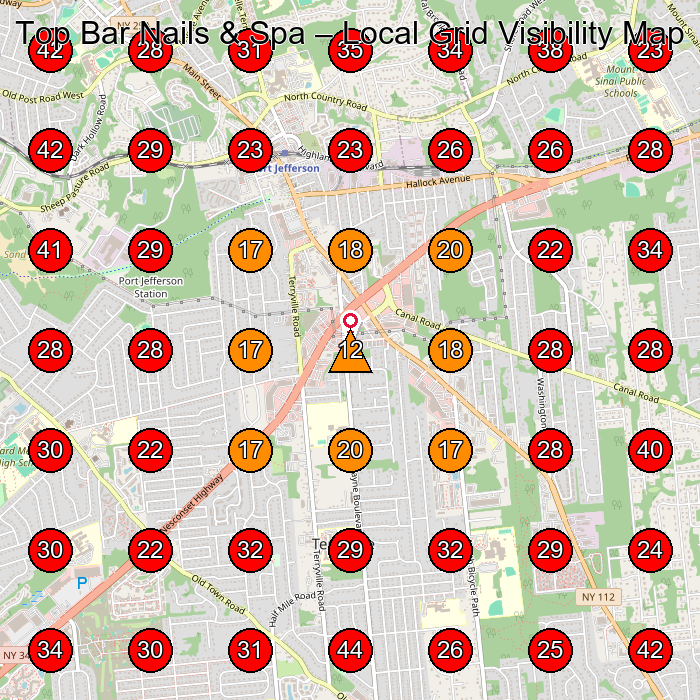 Top Bar Nails & Spa GeoGrid visibility map for Nail Salon in Mt Sinai